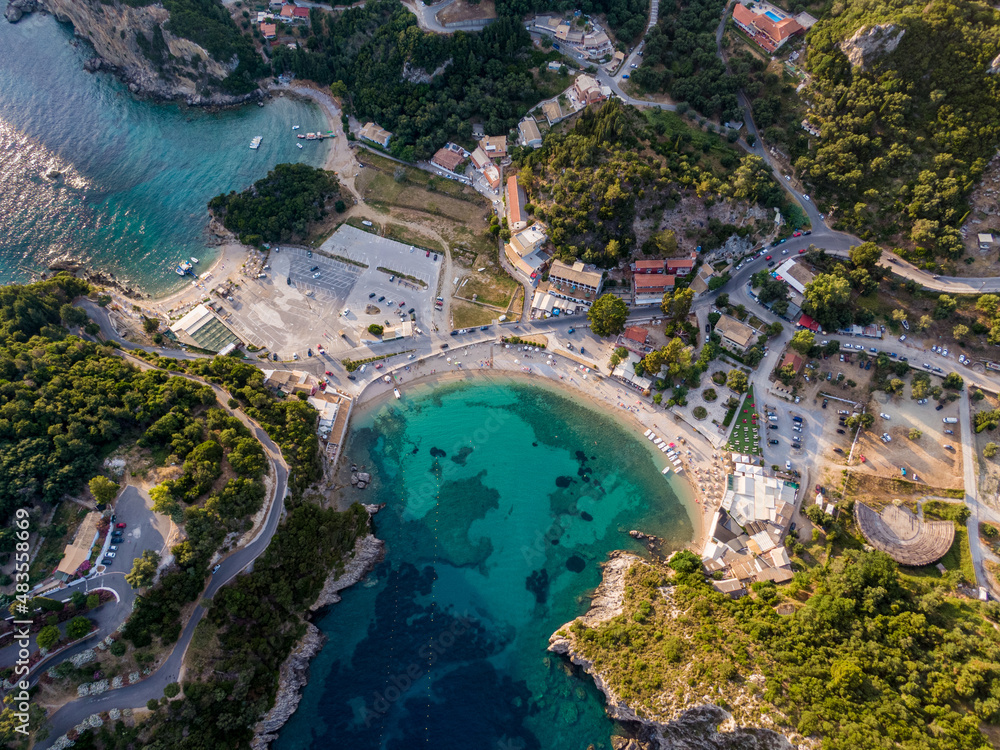 Aerial drone view of famous palaiokastritsa in summer corfu island greece
