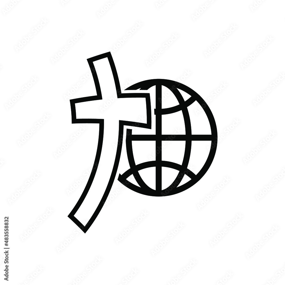 Obraz premium Earth globe icon with christian cross. Black cross icon. Abstract religious logo. Christian cross icon. Vector illustration. Linear symbol of church