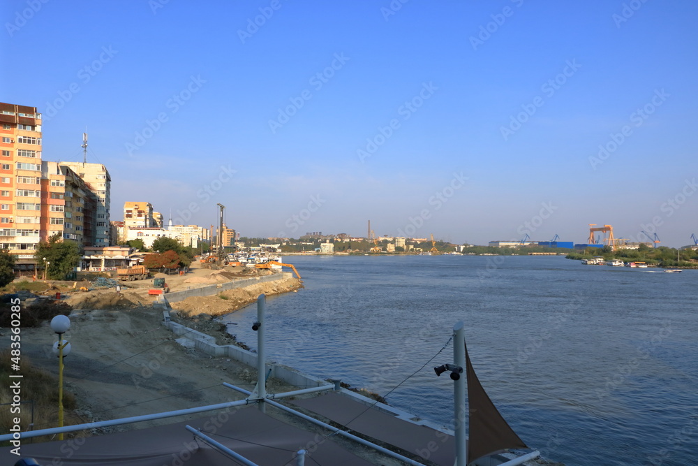 September 13 2021 - Tulcea in Romania:: View of the harbour area and Skyline of Tulcea Danube Delta
