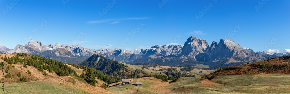 Super panorama of Seiser Alm plateau and Langkofel Group mountains