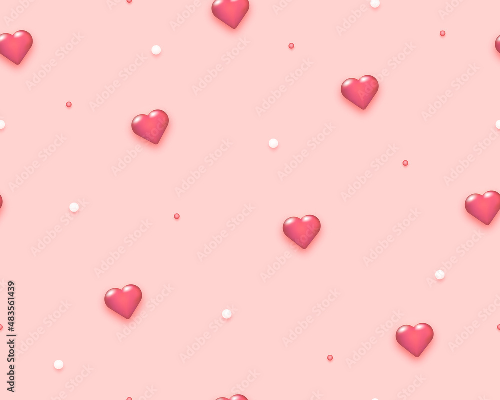 Realistic valentines day seamless pattern with 3d red hearts on pink backround. Vector illustration