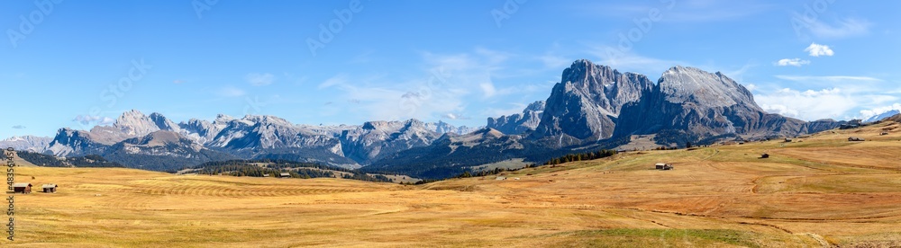 Hyper panorama of Seiser Alm plateau in and detailed view of Langkofel Group mountains