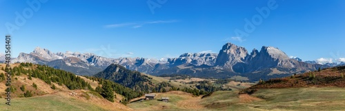 Super panorama of Seiser Alm plateau and Langkofel Group mountains © Artem