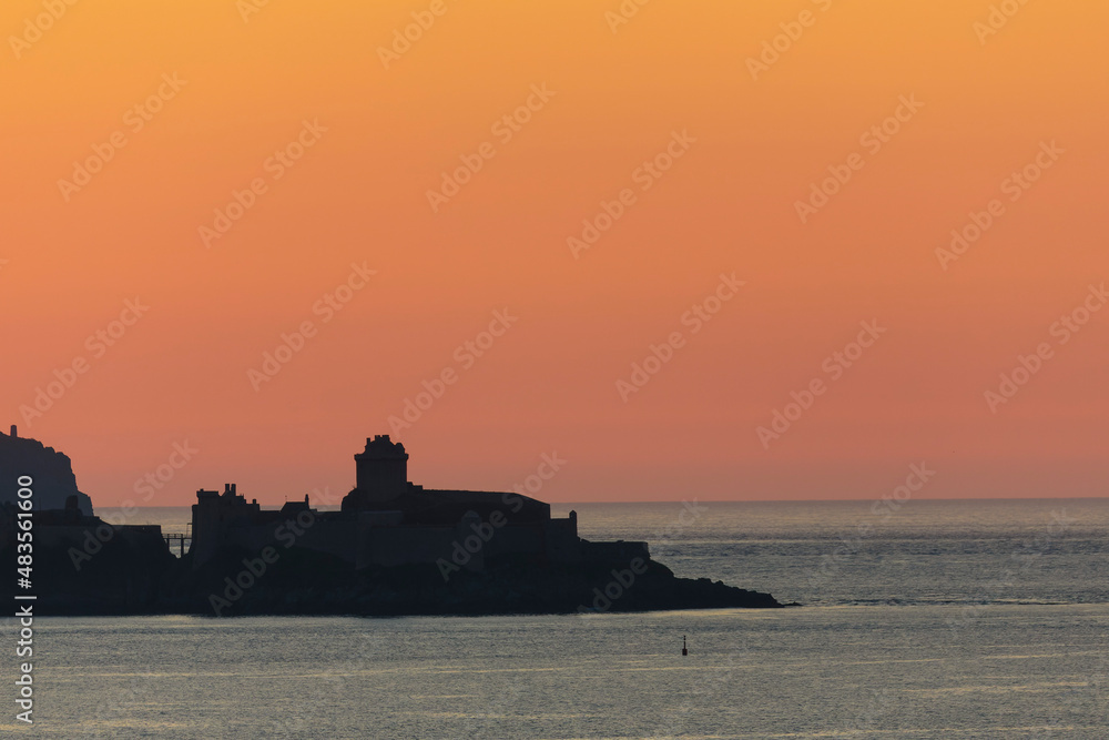 Fort La Latte near Saint Cast le Guildo  on Brittany coast from the sea or with sunset