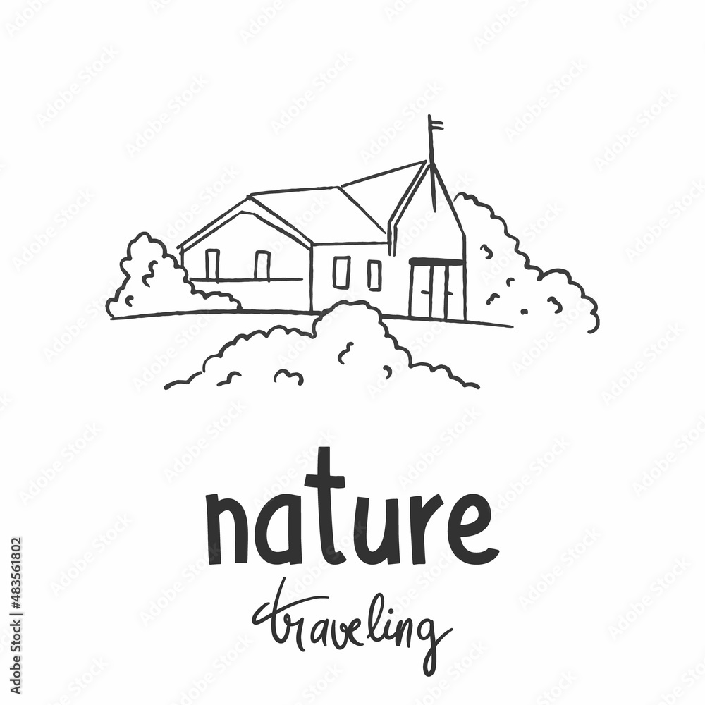 Vector nature traveling landscape background. Road in the forest, mountains, hills, trees, clouds and lettering on the sky. Hand drawn doodle illustration of nature.