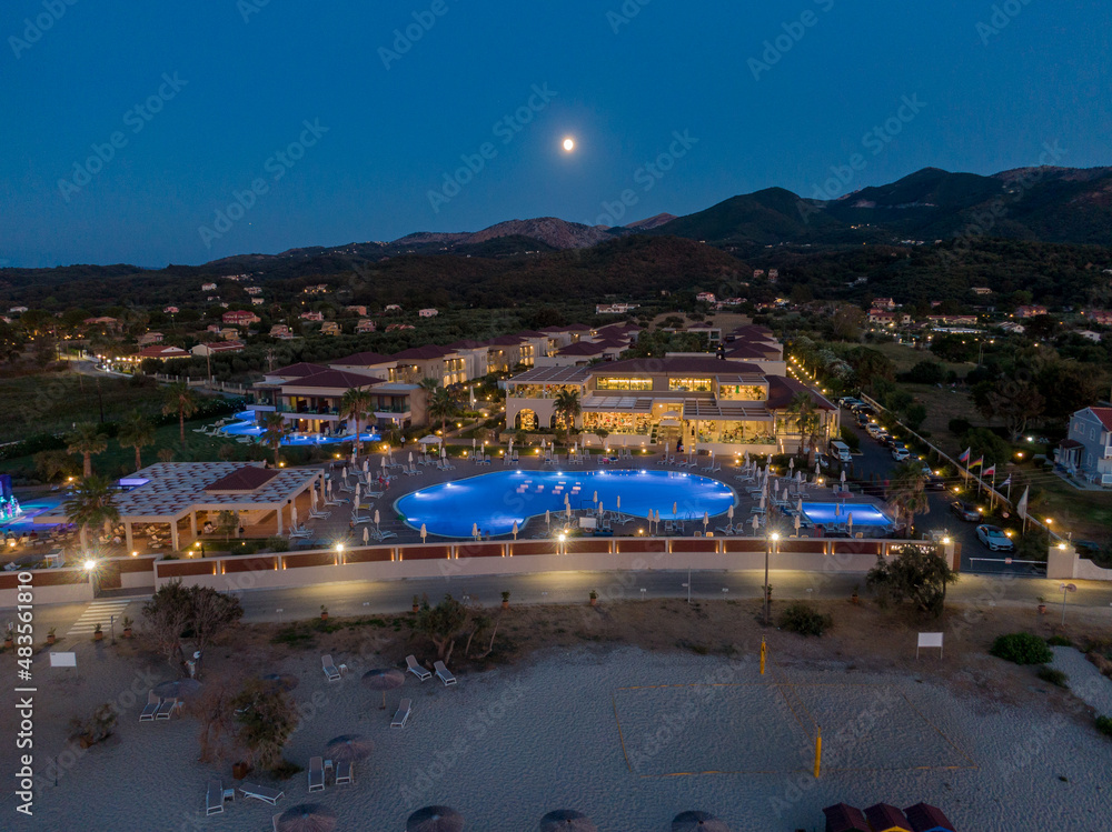 architecture, bay, beach, blue, building, city, cityscape, Almyros beach  with full moon by night corfu , Greece.