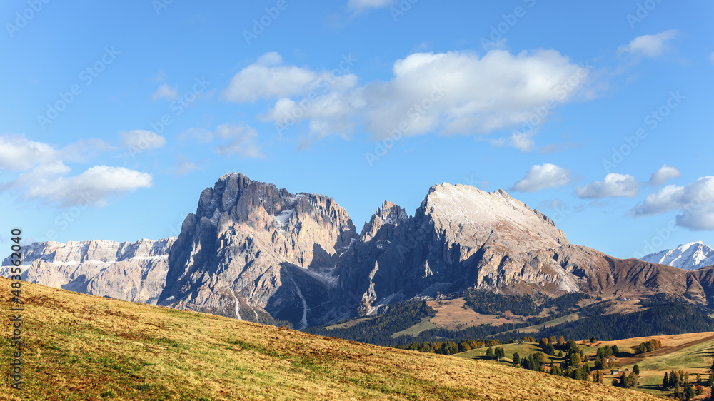 Beautiful view of Sassolungo and Sassopiatto mountains in Seiser Alm (Alpe di Siusi) South Tyrol, Italy