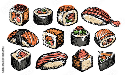Sushi Set. Hand drawn Japanese food vector illustration
