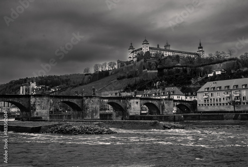 Marienberg Fortress and Old Main Bridge Cityscape in Wurzburg, Germany in Monochrome Black and White photo