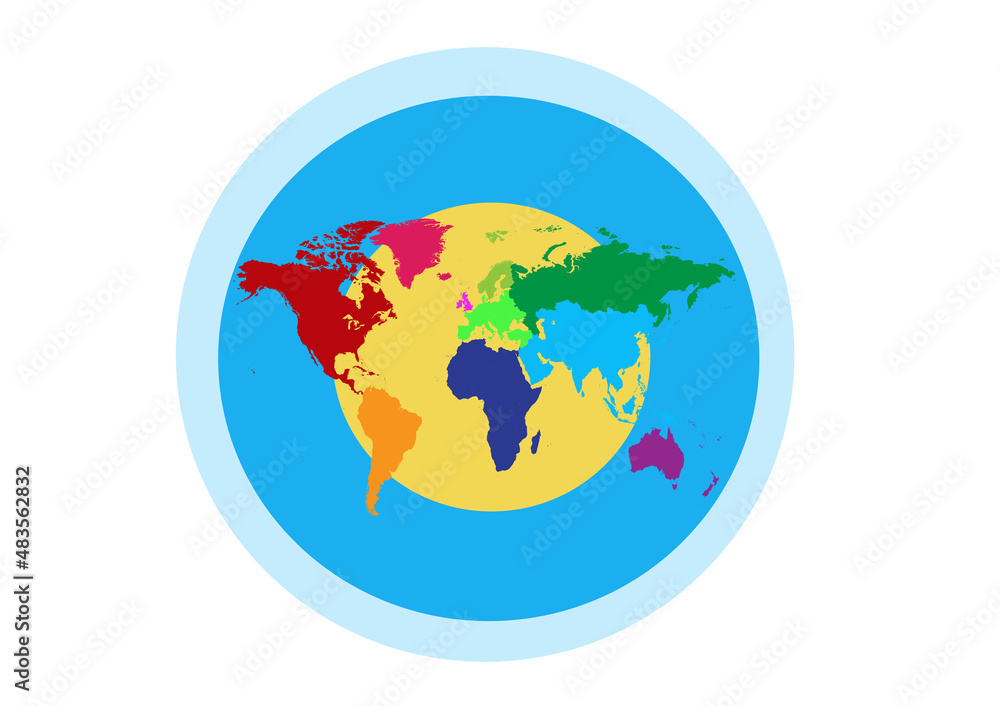 World map Info graphic, colorful borders in a circle white background 