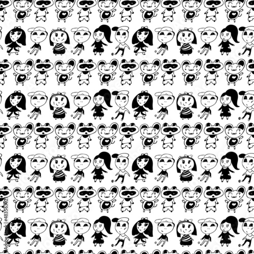 Seamless pattern with sweet little girls and boys, animals in kids drawing style