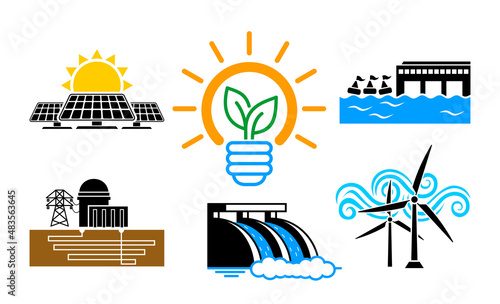 Green energy transition icons set. Electricity generation renewable source types. Solar, wind, hydro, sea, geothermal power mix. Vector on transparent background