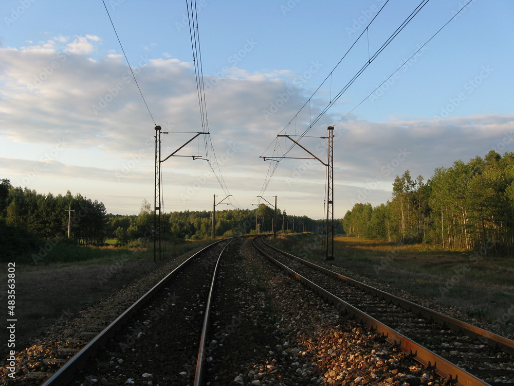 linia kolejowa dwutorowa przez las i pola