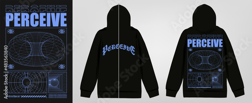 Modern poster with text "PERCEIVE", print for zip hoodie. In Techno style, stylish print for streetwear, print for t-shirts and hoodies, isolated on black background