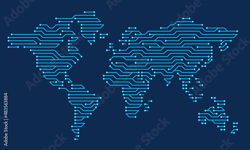 World map in the form of a microcircuit. Electronic continents. Allegory of the digital world