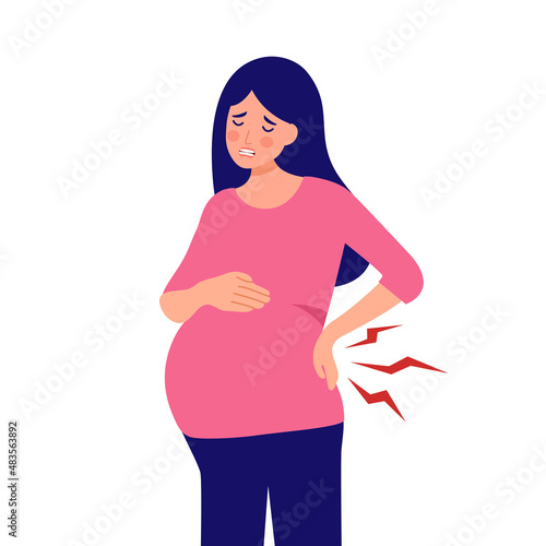 Pregnant woman having backache symptom in flat design on white background. Tired pregnant female.