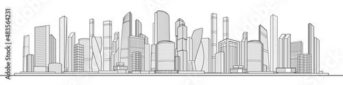 Modern town. Urban city complex. Business center. Citycape pamorama. Infrastructure outlines illustration. Black outlines on white background. Vector design art