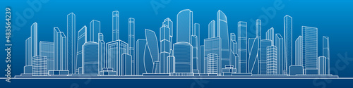Modern town. Urban city complex. Business center. Citycape pamorama. Infrastructure outlines illustration. White outlines on blue background. Vector design art