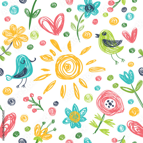 Seamless vector background with birds and flowers. Children style.  