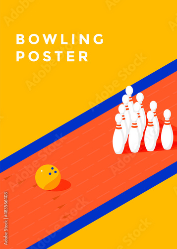 Bowling tournament poster vector. Flyer with illustration bowling ball and pins.