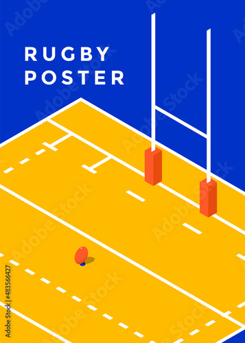 Rugby poster design. Minimal sports cover. Vector isometric illustration