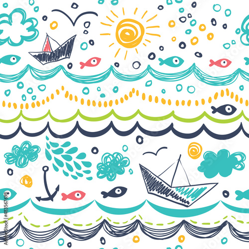Seamless pattern in the concept of children's drawings. Seamless pattern with ships, fish, sun, clouds, sea and waves.