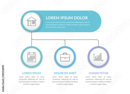Infographic template with main title and 3 elements, flowchart