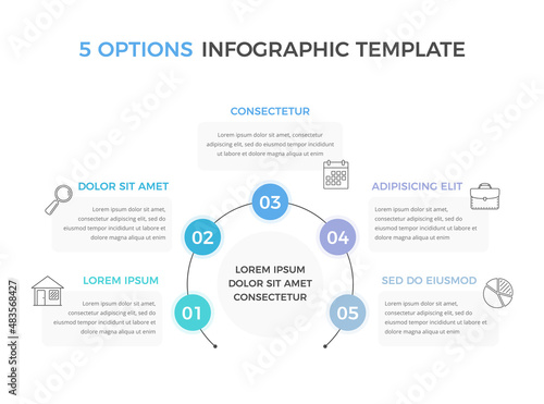 Infographic template with 5 options with text and icons