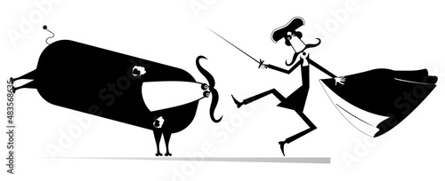 Cartoon bullfighter and a bull isolated illustration. Cartoon long mustache bullfighter holds a sword, matador cape and angry bull black on white background