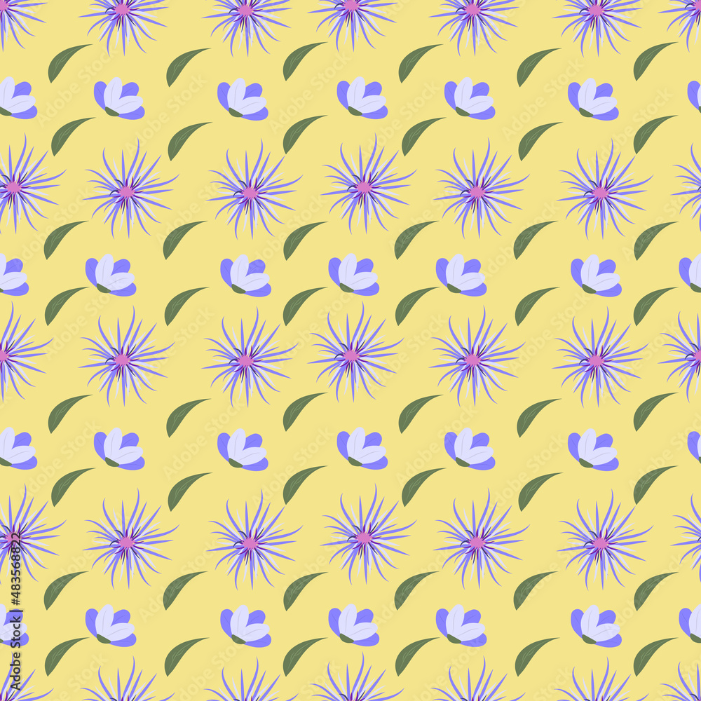 Floral pattern with cornflowers on a yellow background. Vector.