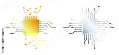 Gold, silver, Circuit board or electronic motherboard. lines and dots connect. Vector high-tech technology data. Communication and engineering concept. digital tech background.