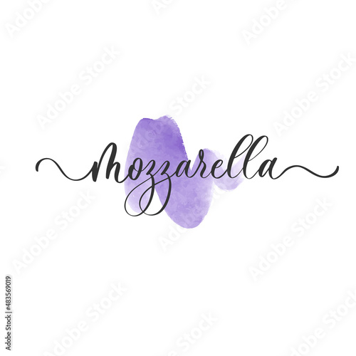 Mozzarella lettering logo with watercolor smear stain. Vintage hand drawn mozzarella logo template.