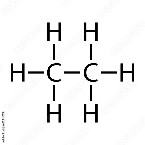 Ethane, organic chemical compound, molecule. Stick model, structural formula and infographic.