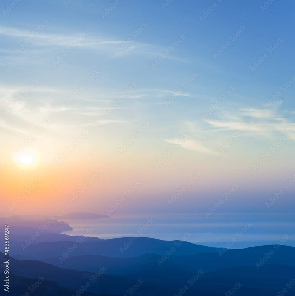 Obraz premium view from mountain ridge to sea bay at the early morning, natural sunrise scene