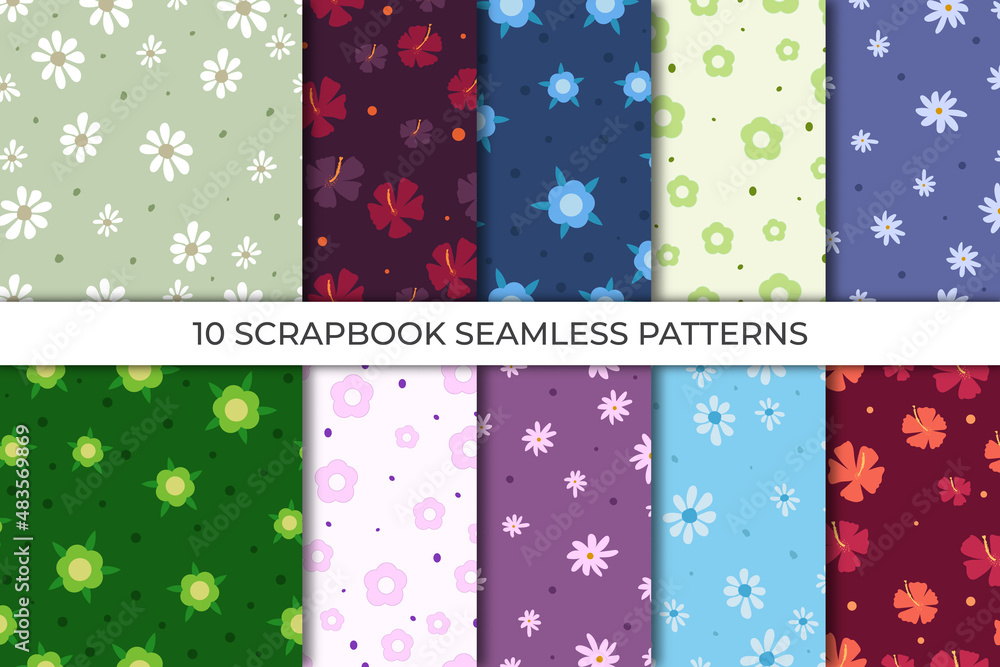 Set trendy seamless patterns with hand drawn decorative flowers. Floral vector patterns for textile, print, gift wrap, manufacturing.