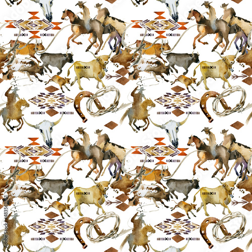 American cowboy and cows seamless pattern. Running horse. Wild west. watercolor tribal texture. Western illustration. Livestock animals