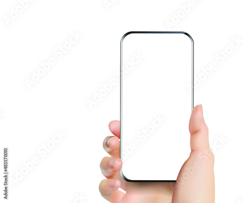 Man holding black smartphone isolated on white background, clipping path. Vector illustration