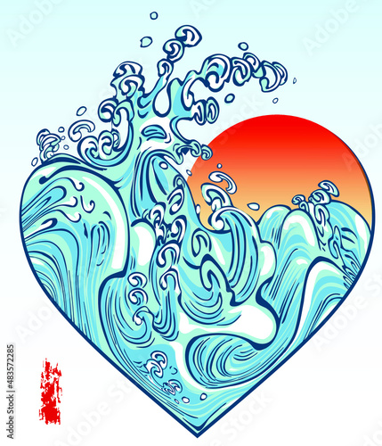 Vector illustration of stormy sea with big waves and rising red sun inside a heart in the style of Asian traditional prints and tattoos.