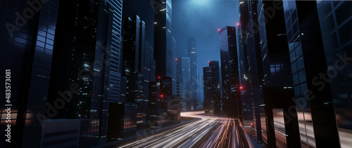 Fototapeta Naklejka Na Ścianę i Meble -  3D Rendering of trail lights from highway and light reflection from buildings in mega city at night. Concept of technology background, cyberpunk, fin tech, big data, 5g fast network, AI