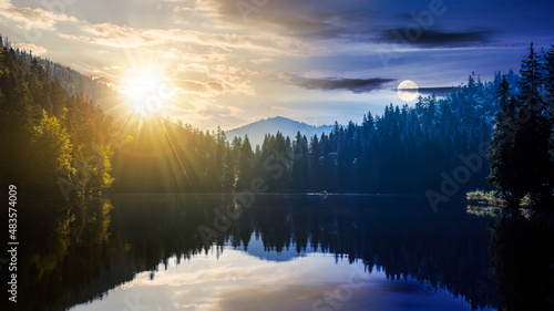 day and night time change concept above tranquil landscape with lake in summer. forest reflection in the calm water at twilight. beautiful nature scene with sun and moon. peaceful outdoor environment © Pellinni