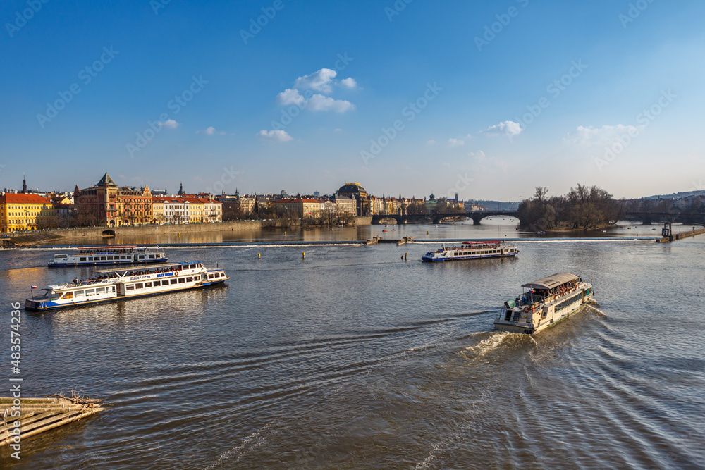 Prague, Czech Republic, March 24, 2012. View of the Vltava River in Prague, river trams on the river.