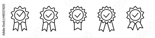 Quality check ribbon icon. Vector product certified or best choice recommended award and warranty check approved certificate mark label.