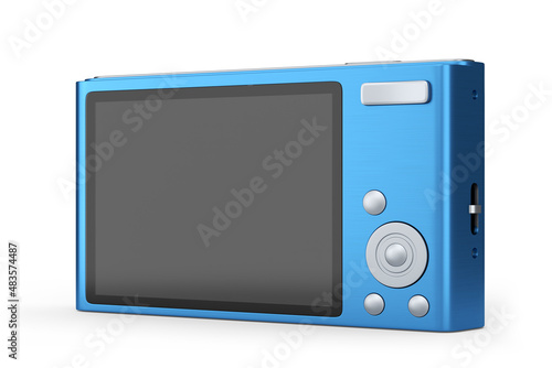 Stylish blue compact pocket digital camera isolated on white background