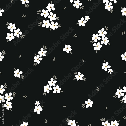Seamless vintage pattern. White flowers, gray leaves. Black background. vector texture. fashionable print for textiles, wallpaper and packaging.