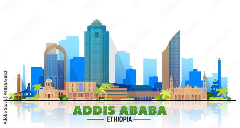 Addis Ababa ( Ethiopia ) city skyline with white background. Flat vector illustration. Business travel and tourism concept with modern buildings. Image for banner or website.