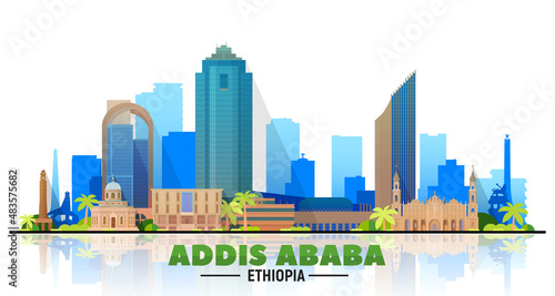 Addis Ababa   Ethiopia   city skyline with white background. Flat vector illustration. Business travel and tourism concept with modern buildings. Image for banner or website.