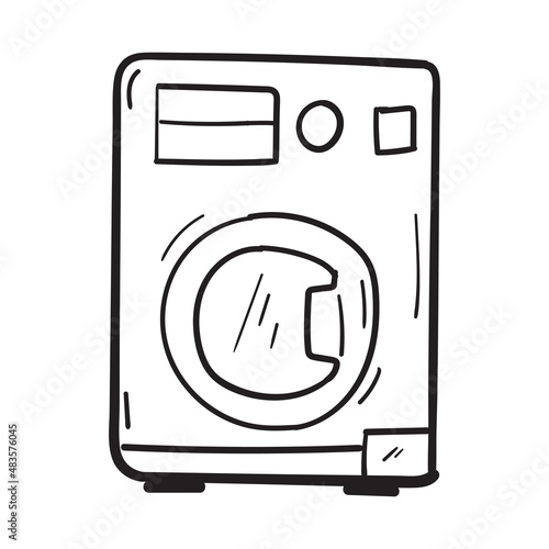 Hand drawn washing machine icon in doodle style isolated