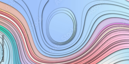 Abstract background with waves . Creative and similar design with top view of colorful wavy paper stripes for willing on blue background with abstract design .