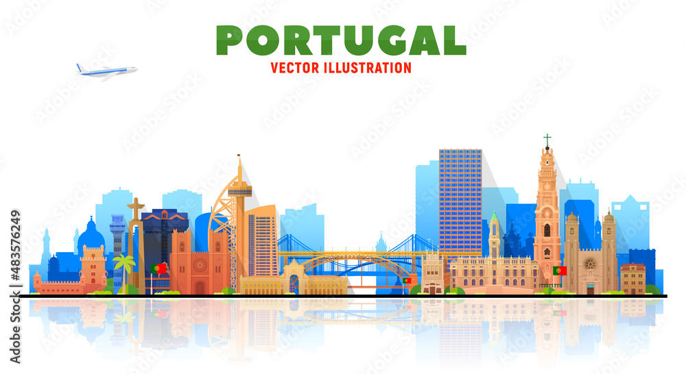 Portugal cities ( Lisbon and Porto) skyline vector illustration at white background. Business travel and tourism concept with famous Portugal landmarks.