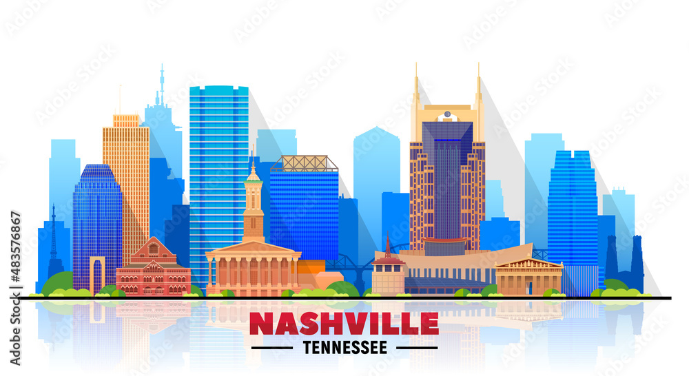 Fototapeta premium Nashville Tennessee skyline with panorama at white background. Vector Illustration. Business travel and tourism concept with modern buildings. Image for banner or website.